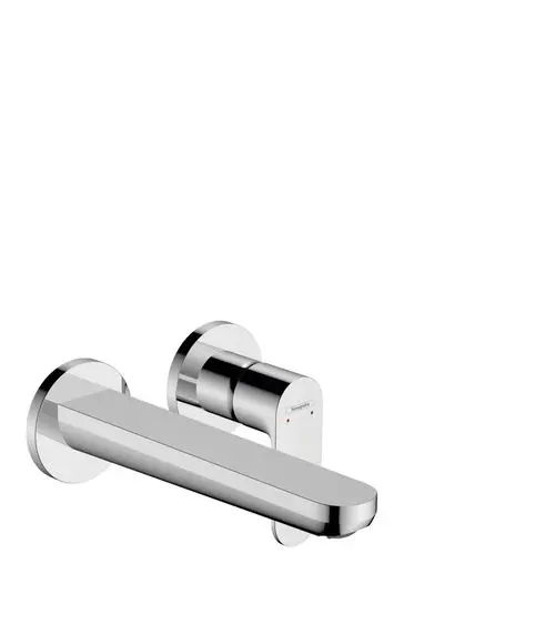 Hansgrohe Unterputz-Waschtischmischer mit längerem Auslauf, Wandmontage, verchromte Oberfläche und Temperaturanzeigen in Rot und Blau.